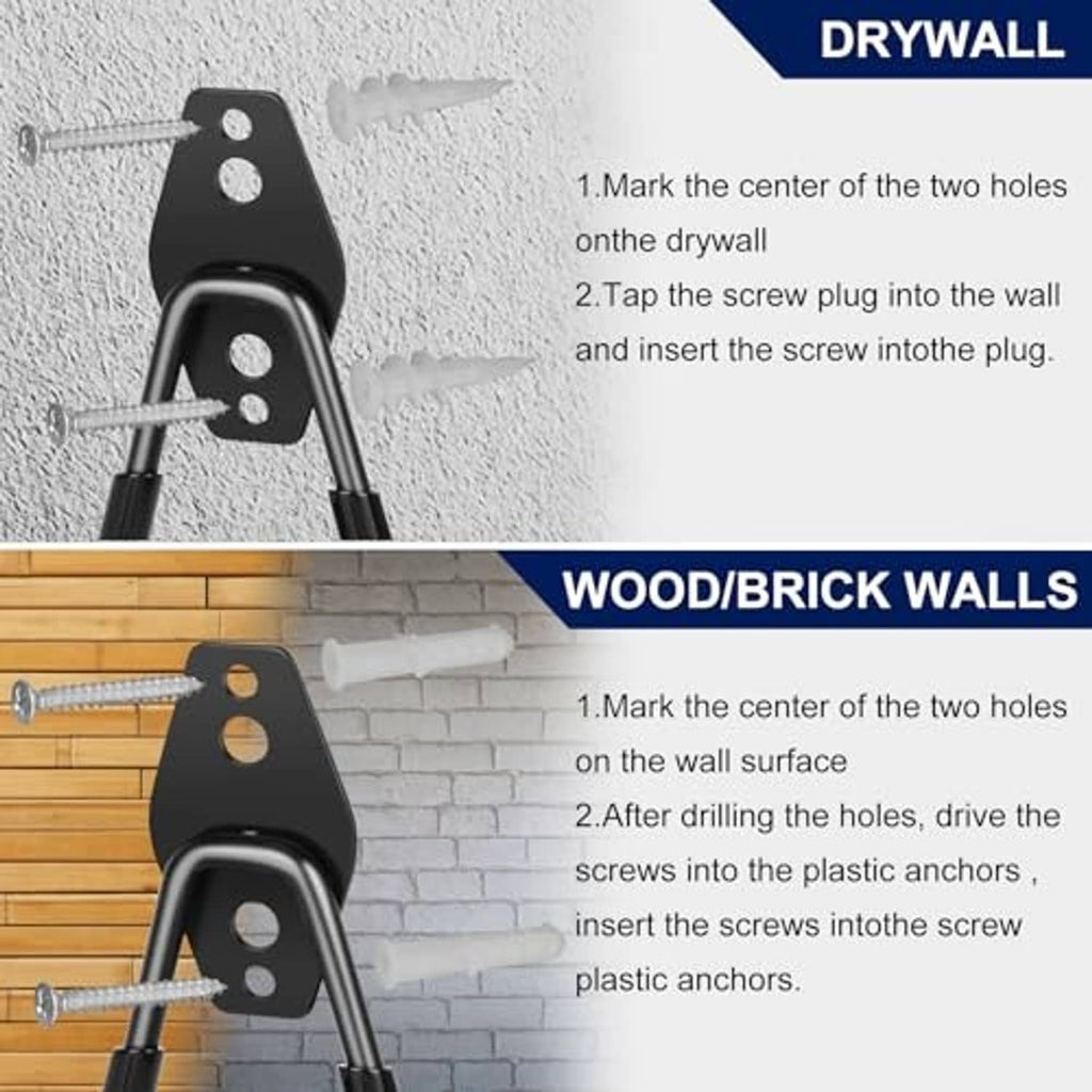 Black garage hook mounted on drywall with plastic anchors and screws visible