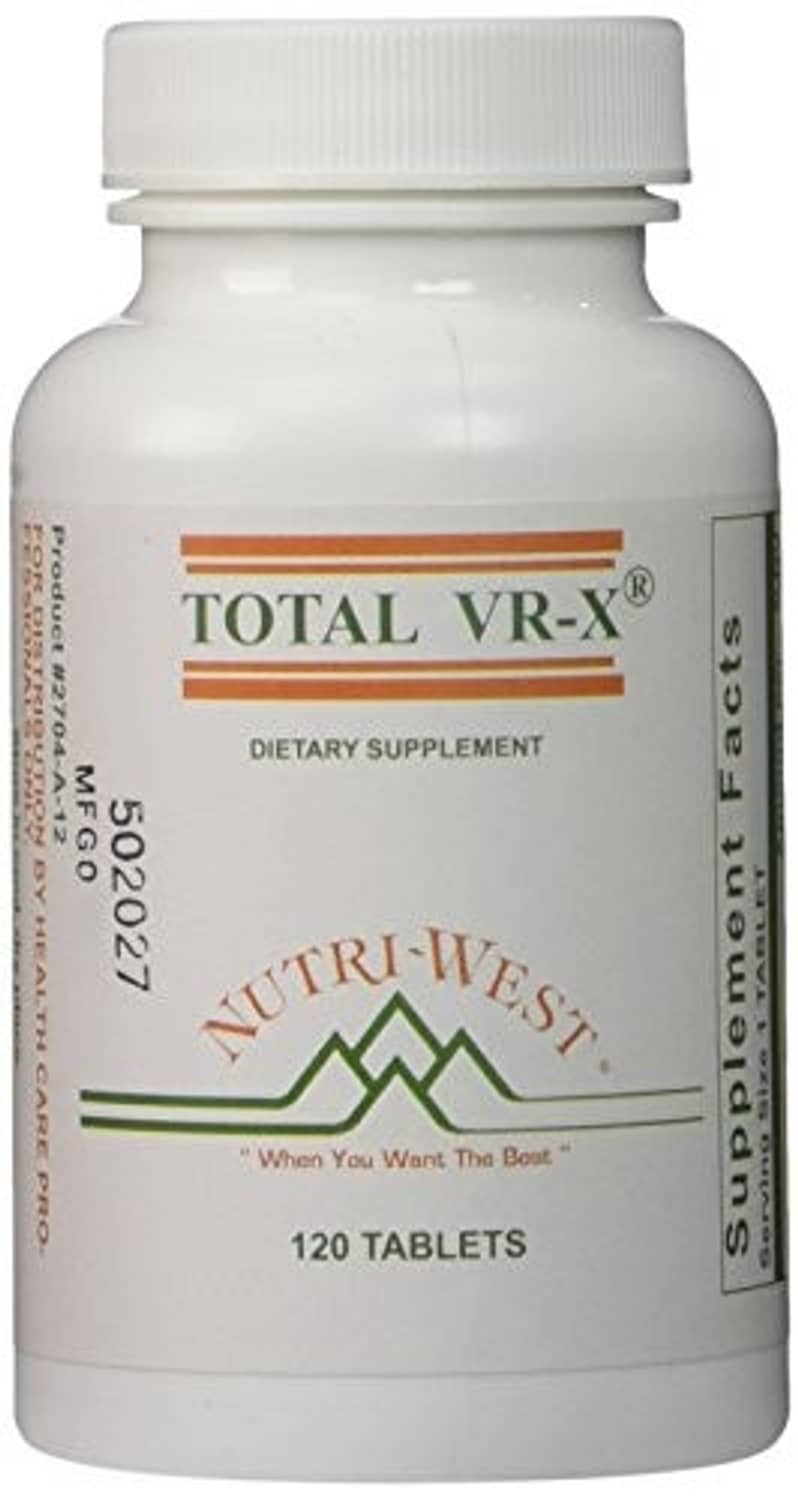 Dietary supplement bottle with white cap, TOTAL VR-X label, 120 tablets