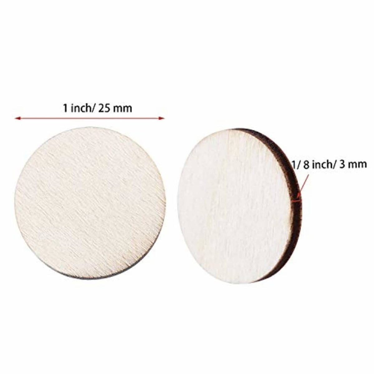 Unfinished round wood discs, front and side views, natural wood edge with light unpainted face