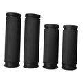 Set of four black ribbed bike handlebar grips with textured surface and end caps