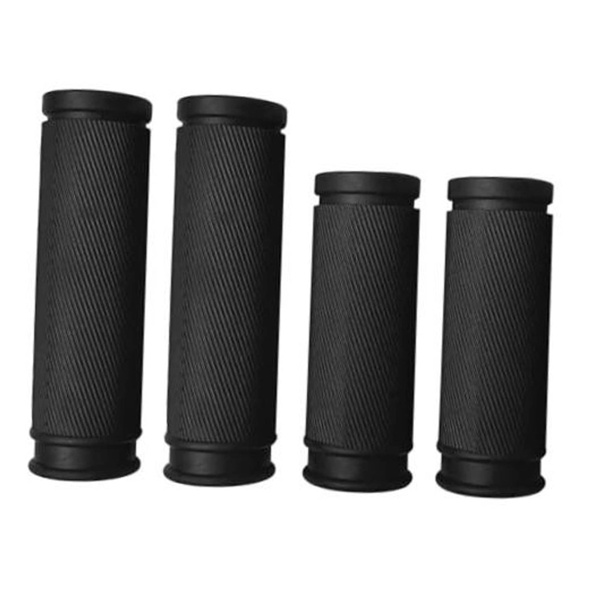 Set of four black ribbed bike handlebar grips with textured surface and end caps