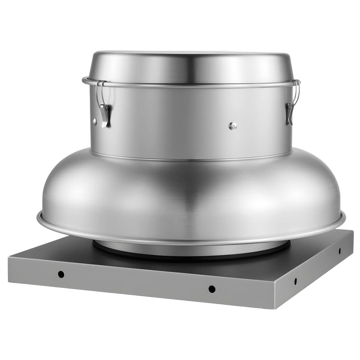 Close-up roof exhaust fan attic vent with flared hood and square mounting base