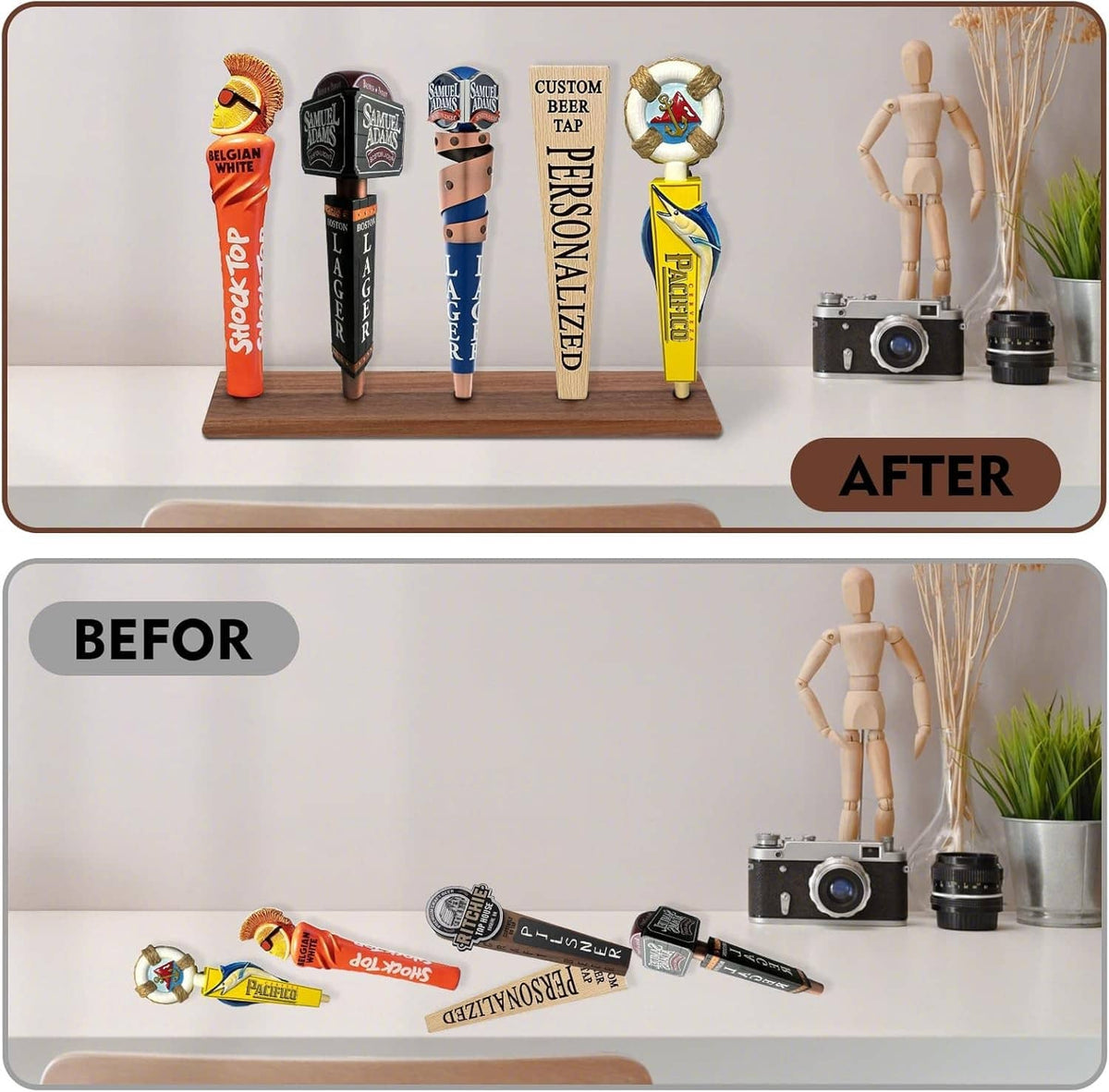 Brown beer tap handle display with four colorful decorative tap handle replicas on shelf