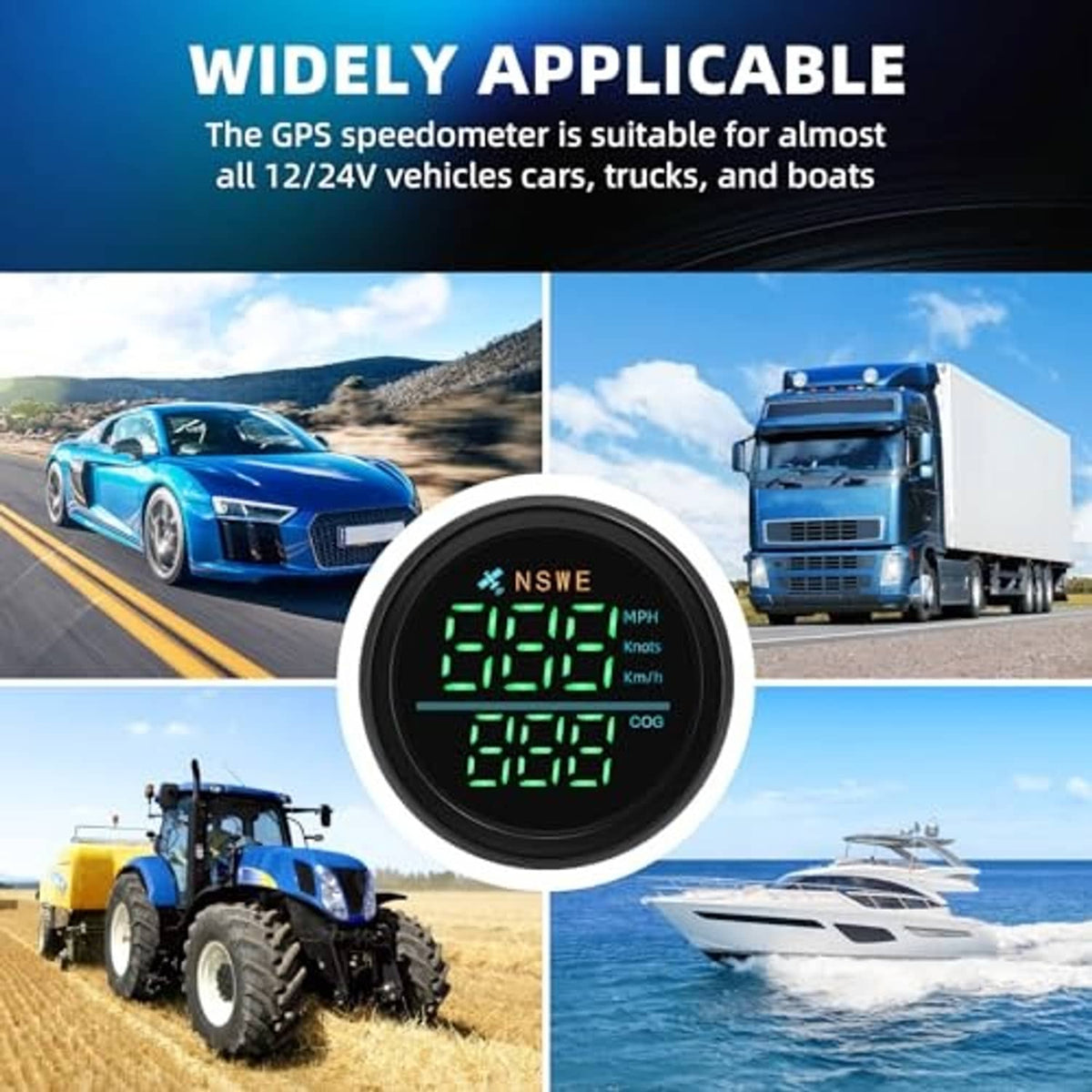 Round GPS speedometer gauge with green digital display shown on vehicle and boat scenes