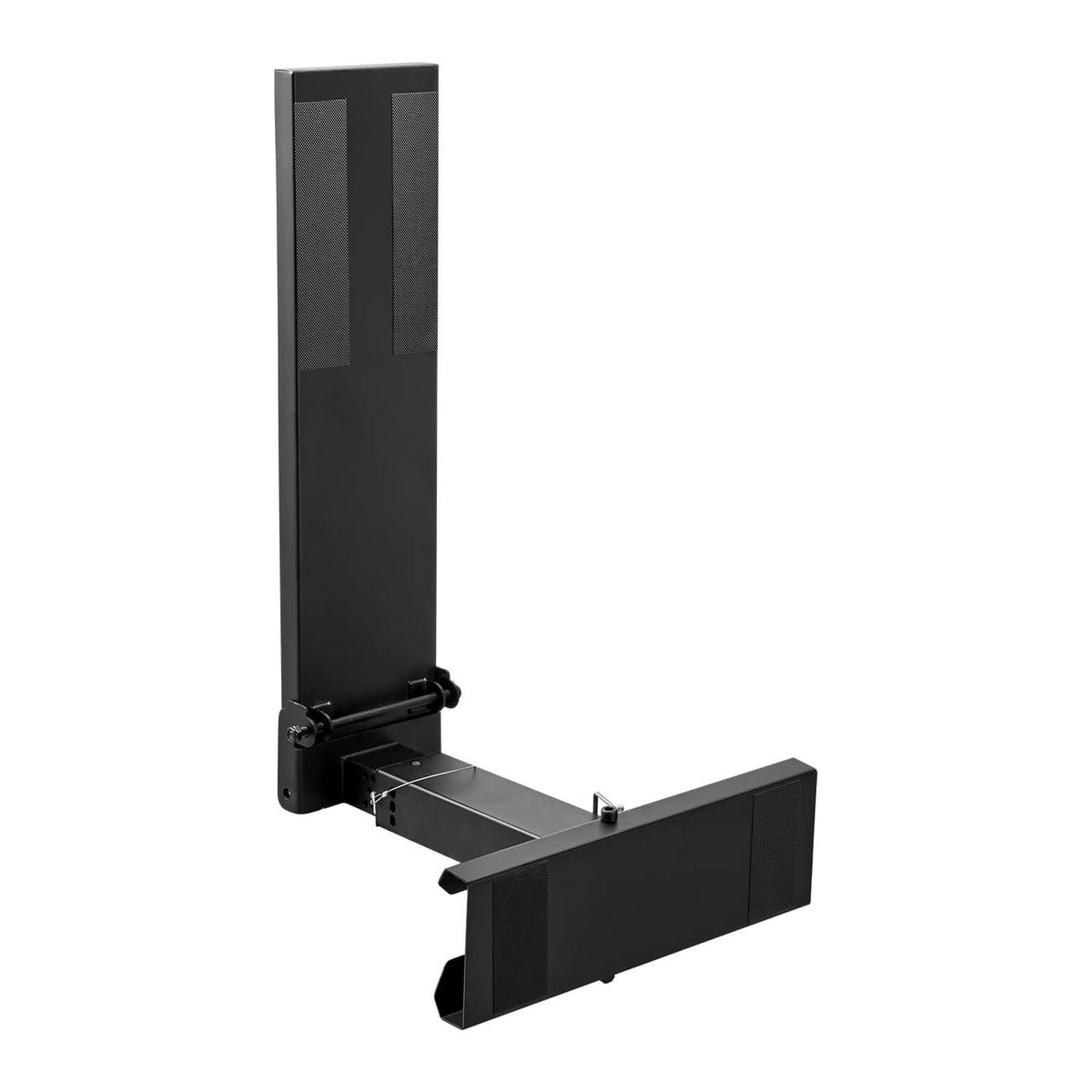 Dark gray metal ladder surface folding stabilizer with upright post and clamp-like base