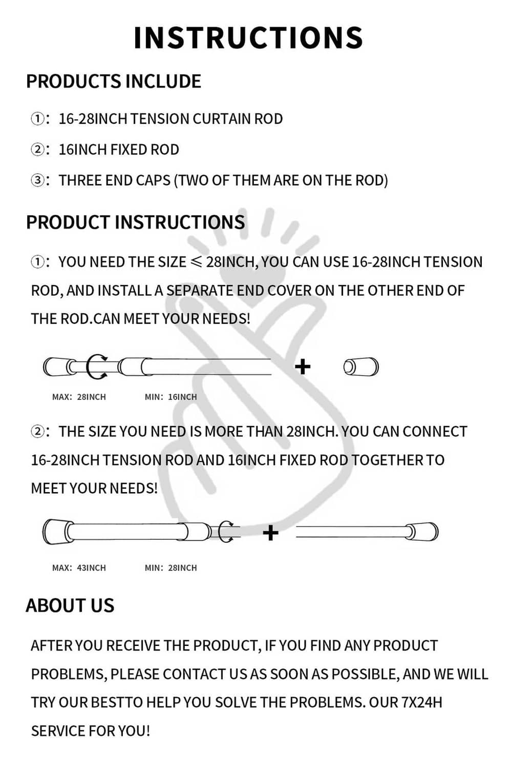 Instruction sheet for tension curtain rods: 16–28 in use with end covers