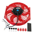 Red 10-inch radiator cooling fan with black hub, attached leads, and mounting accessories