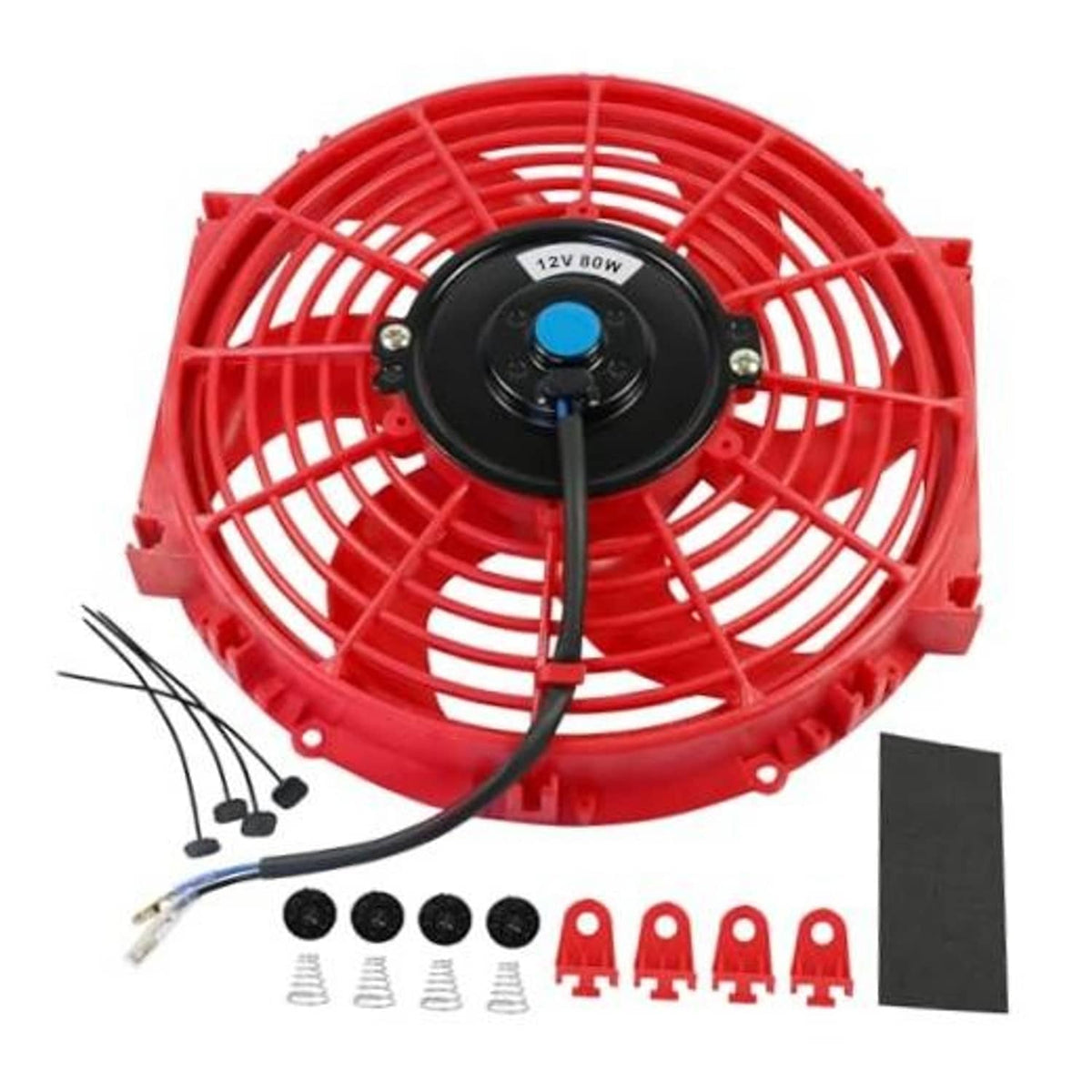 Red 10-inch radiator cooling fan with black hub, attached leads, and mounting accessories