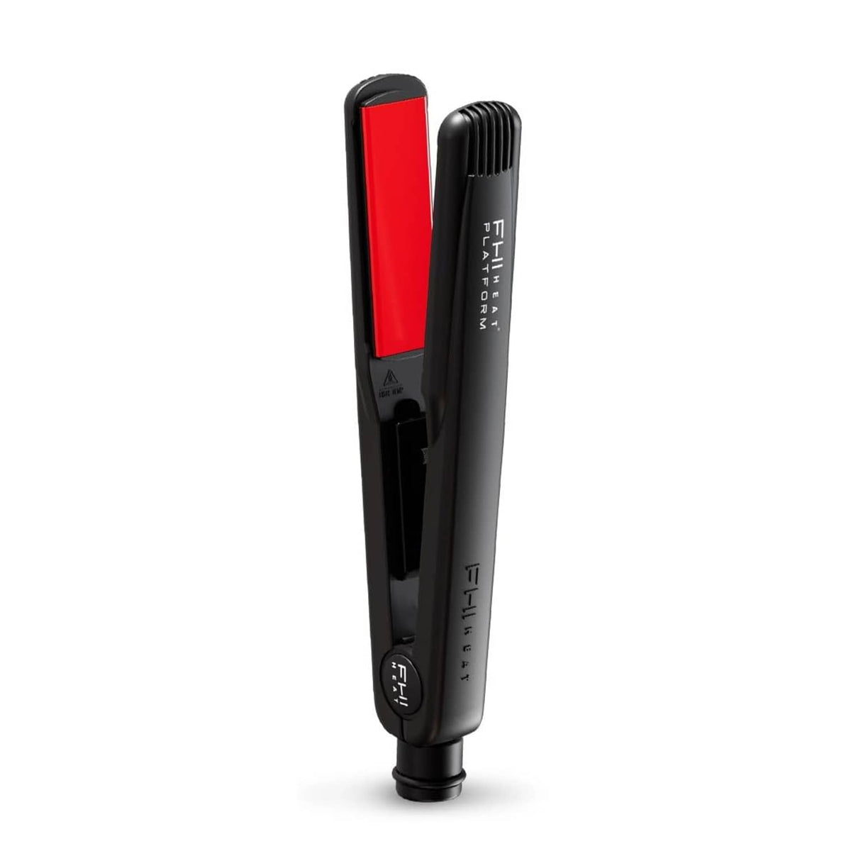 Black hair straightener with red ceramic plates and vented grip, FHI Heat Platform Pro style