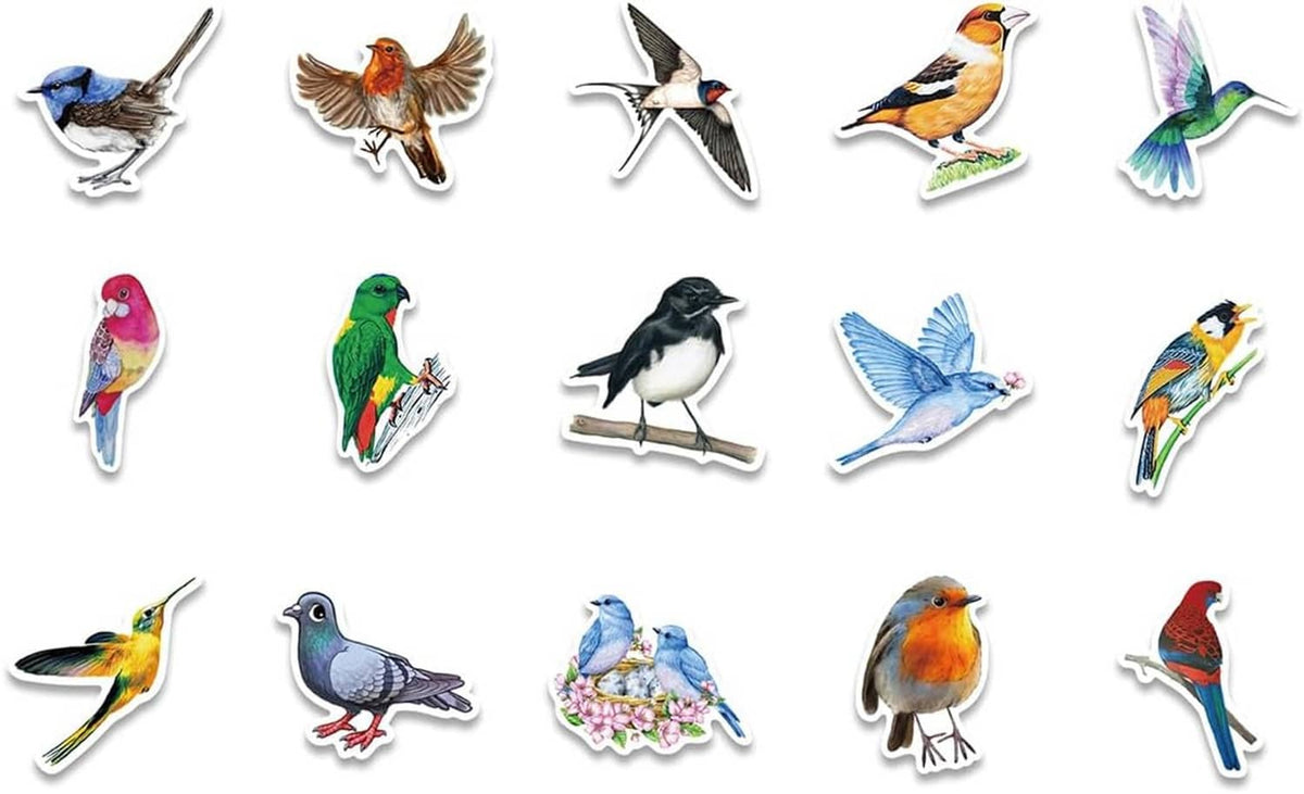 Sheet of individual bird stickers in colorful styles, die-cut shapes with white borders