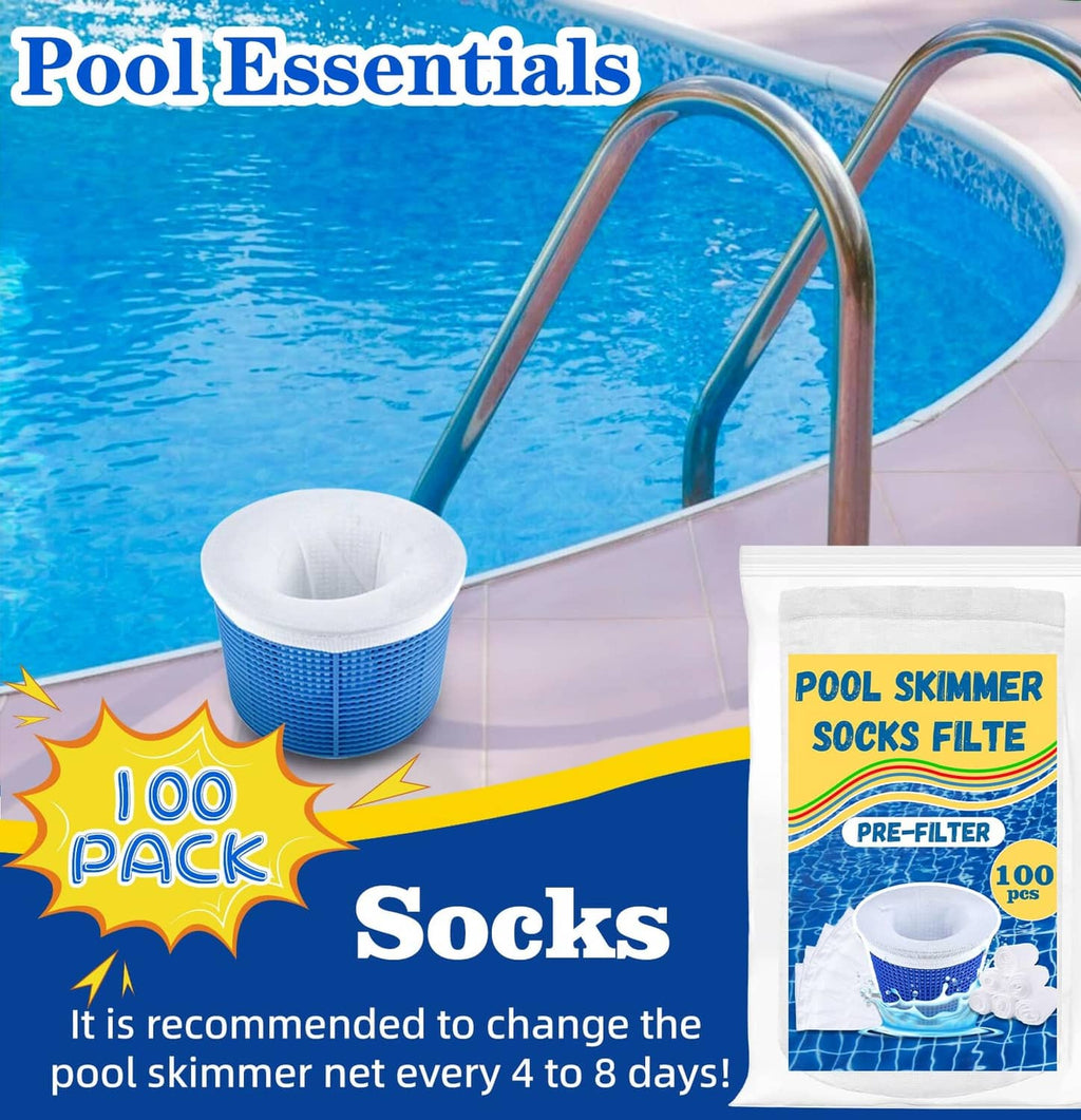 Pool skimmer sock filter bundle with 100-pack bag packaging