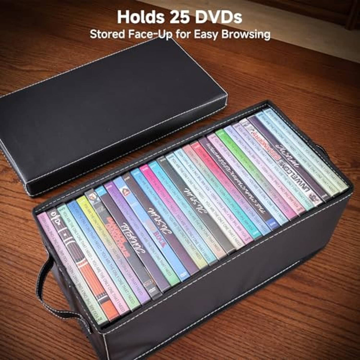 Black faux leather DVD storage box holding face-up DVDs for easy browsing