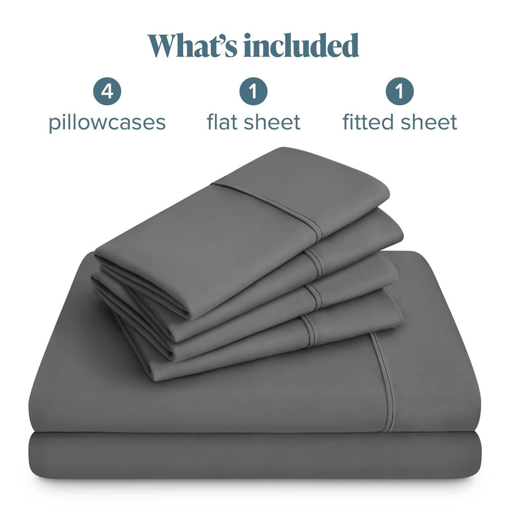 Folded grey microfiber sheet set stack showing flat and fitted sheets