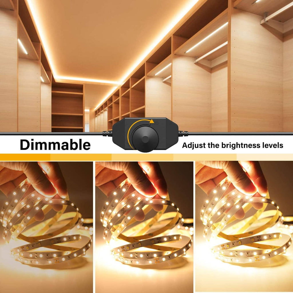 Dimmable warm white LED strip light with black dimmer controller and ceiling accent glow