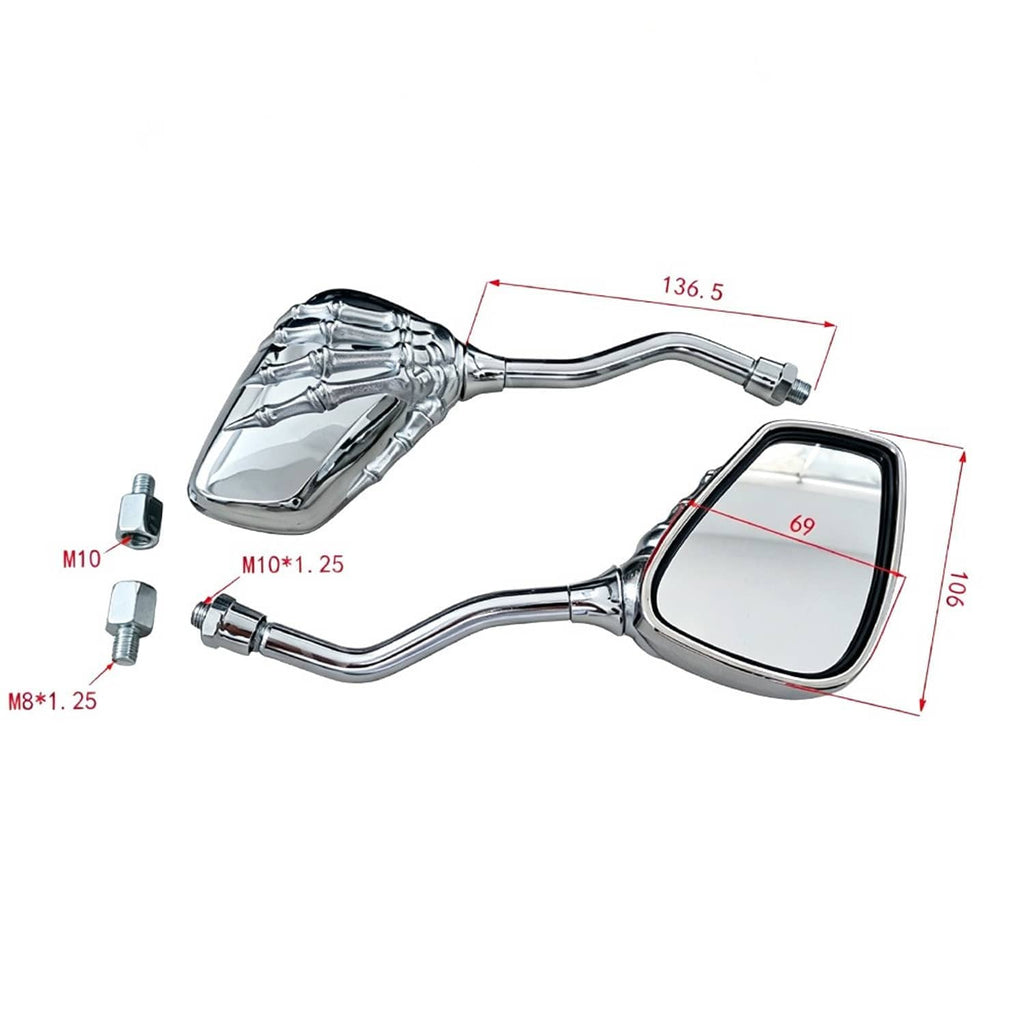 Chrome rearview mirrors with skull-claw detailing, stems and mounting hardware shown