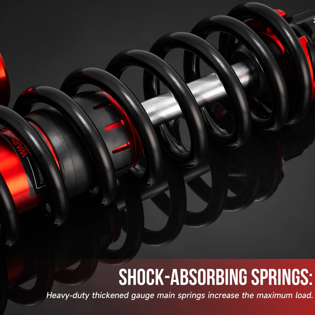 Rear air shock absorber set, black coil springs with red accents, close-up view