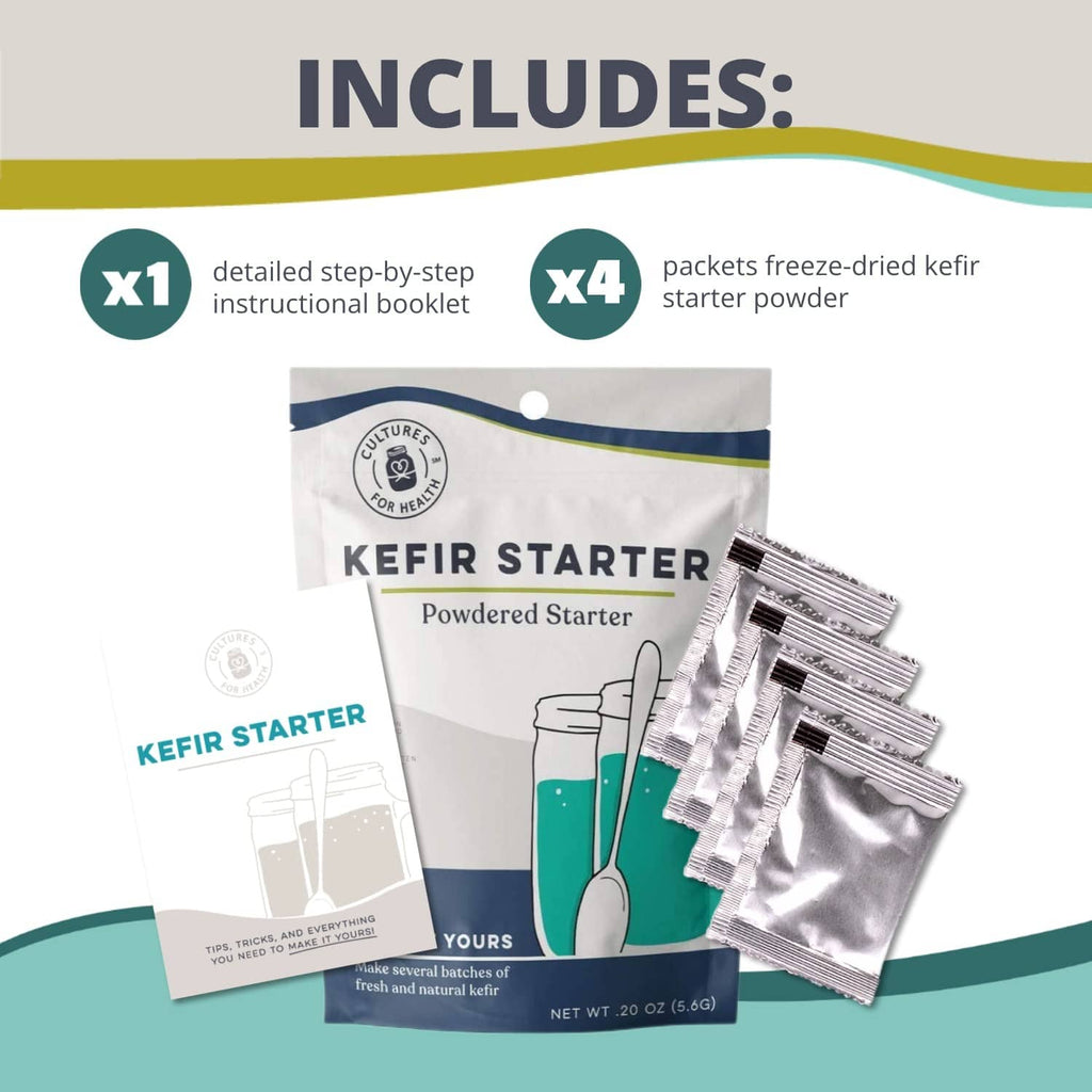Kefir starter culture pack with four foil packets and instruction card set