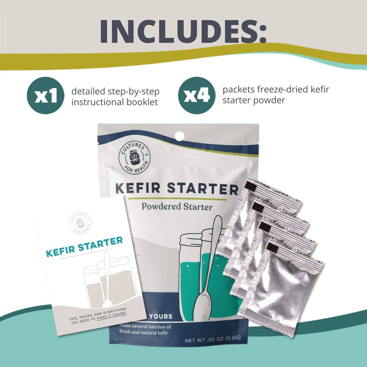 Kefir starter culture pack with four foil packets and instruction card set
