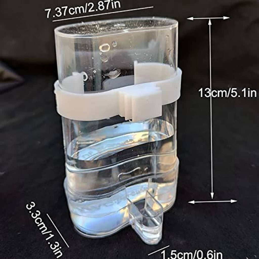 Clear automatic bird waterer for cage bars with white mounting bracket and spout