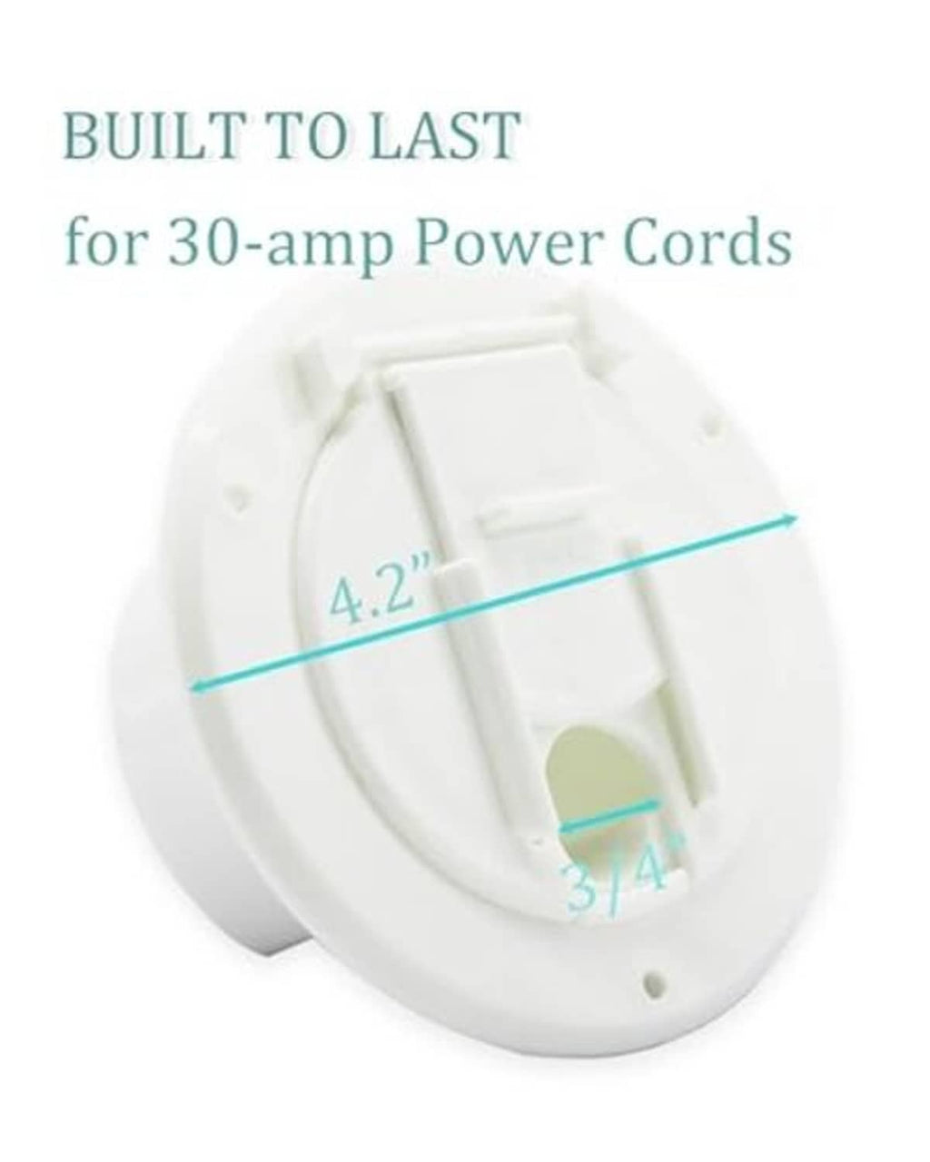 Round white RV power cord hatch with 4.2 in depth and 3 in width