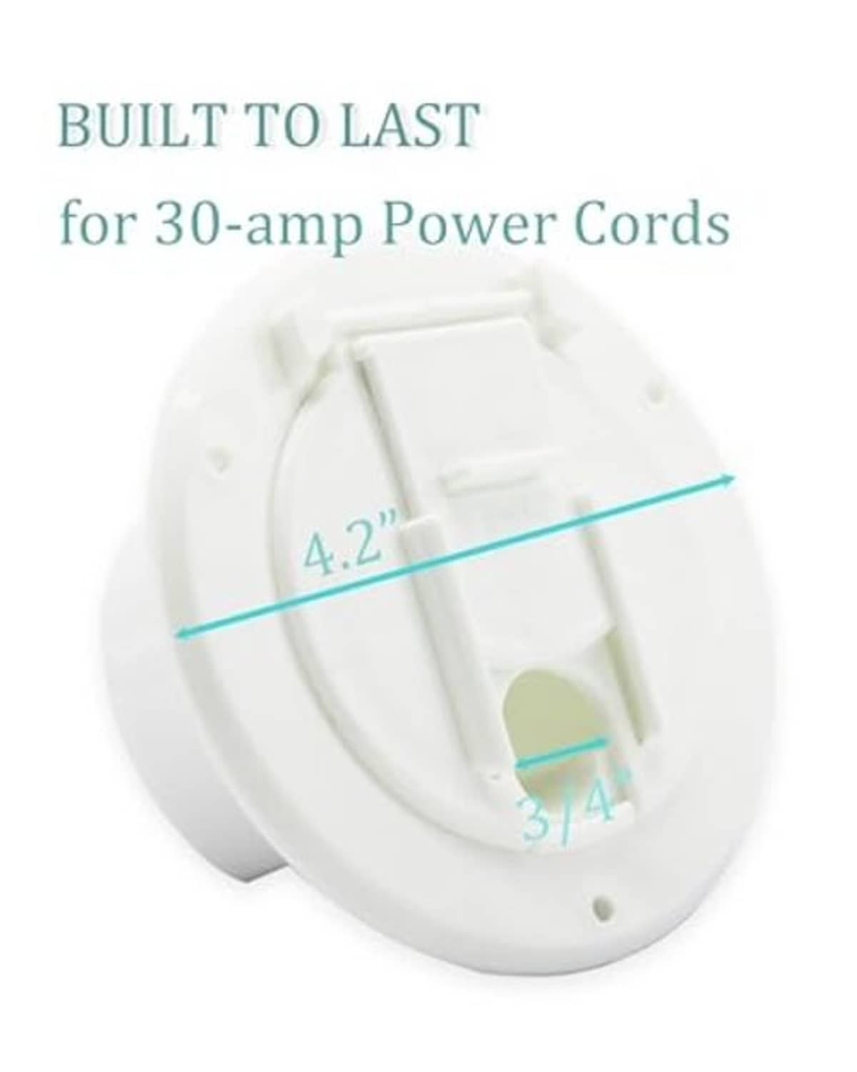 Round white RV power cord hatch with 4.2 in depth and 3 in width