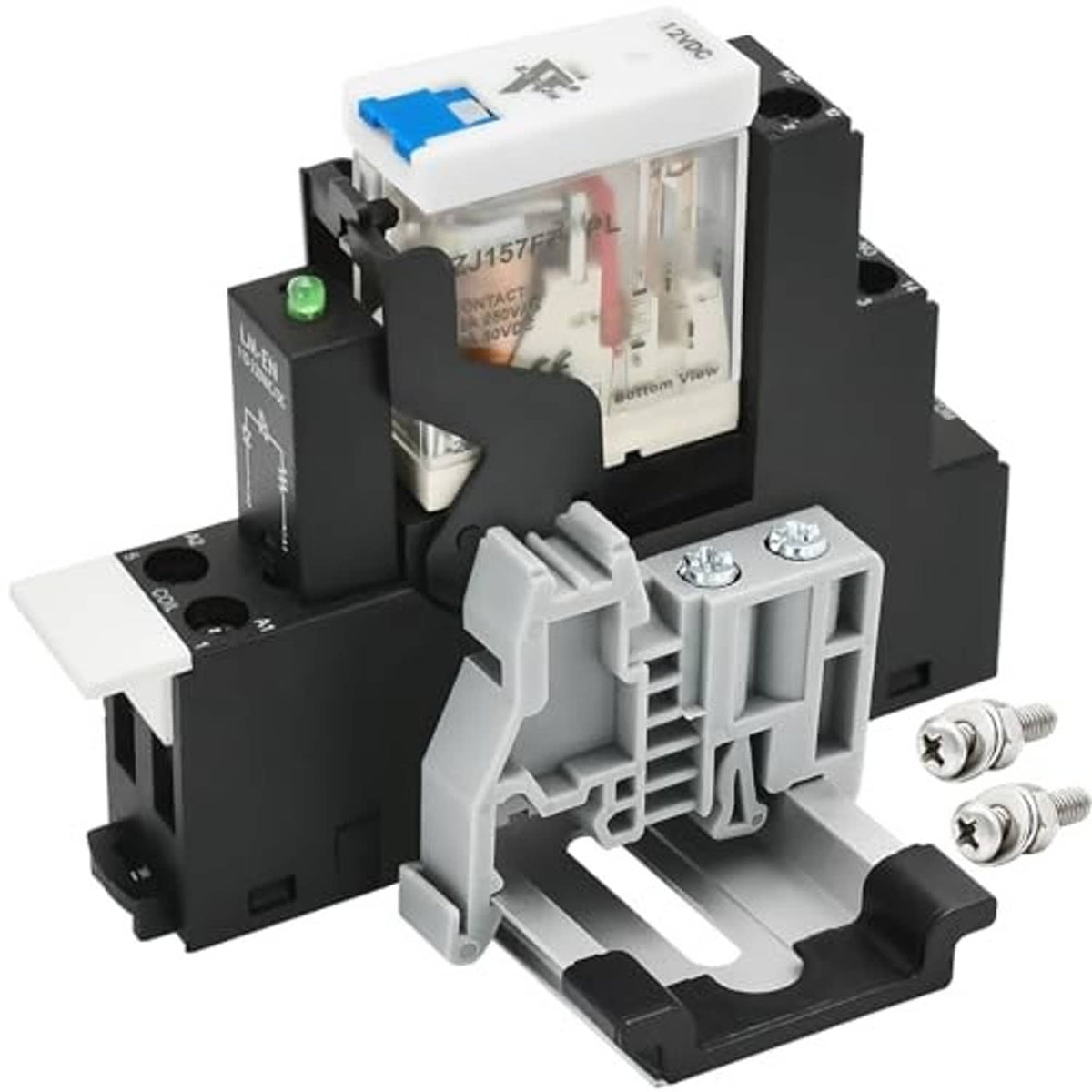 12V DPDT electromagnetic relay, black housing with clear top, blue actuator, 8-pin socket