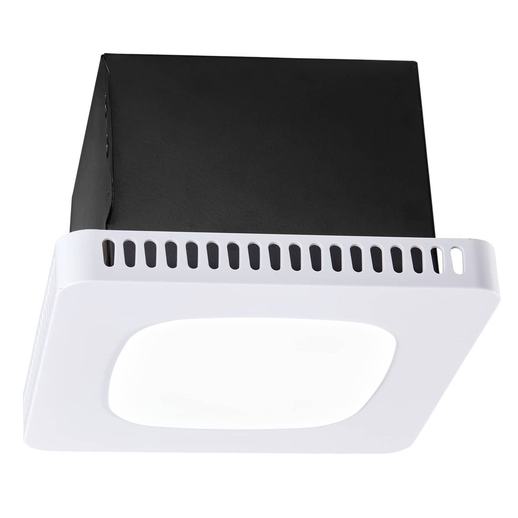 White bathroom ventilation fan with LED light panel and vent grille