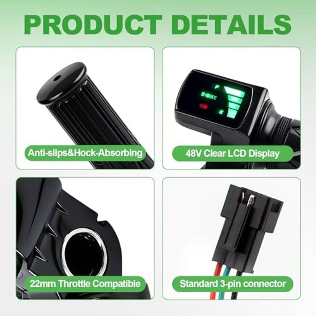 Twist throttle grips with LCD display, anti-slip rubber texture, 22mm compatible