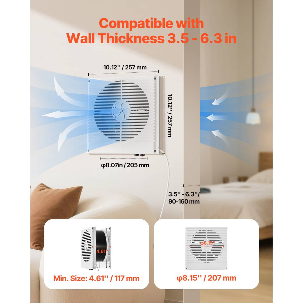 Wall-mounted ventilation fan with size dimensions graphic and blue airflow arrows