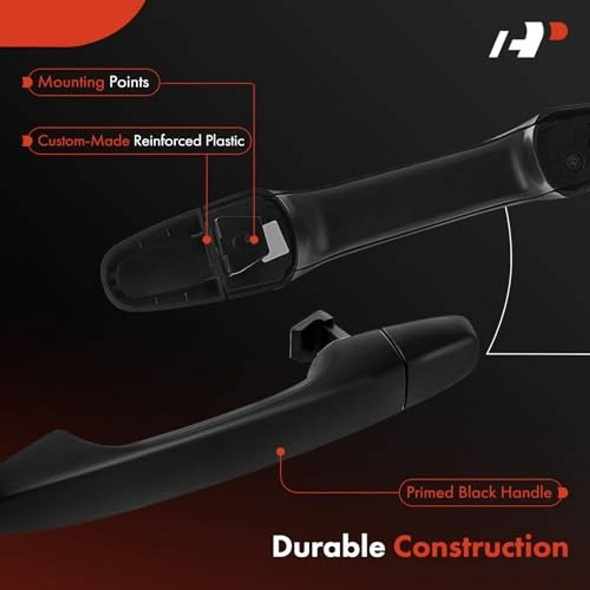 Front right exterior door handle underside view, primed black with mounting clip