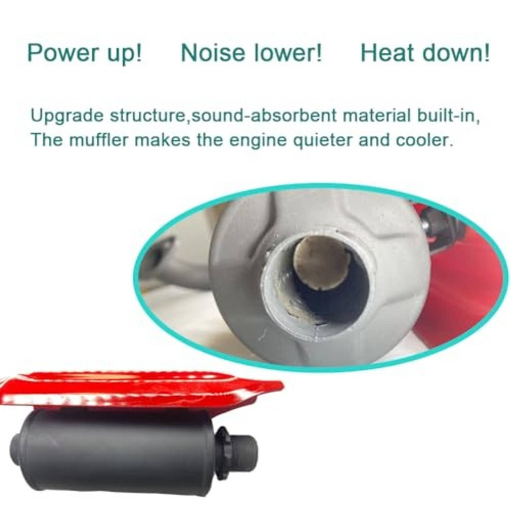 Go-kart muffler silencer end section with black outlet pipe and heat shield cover