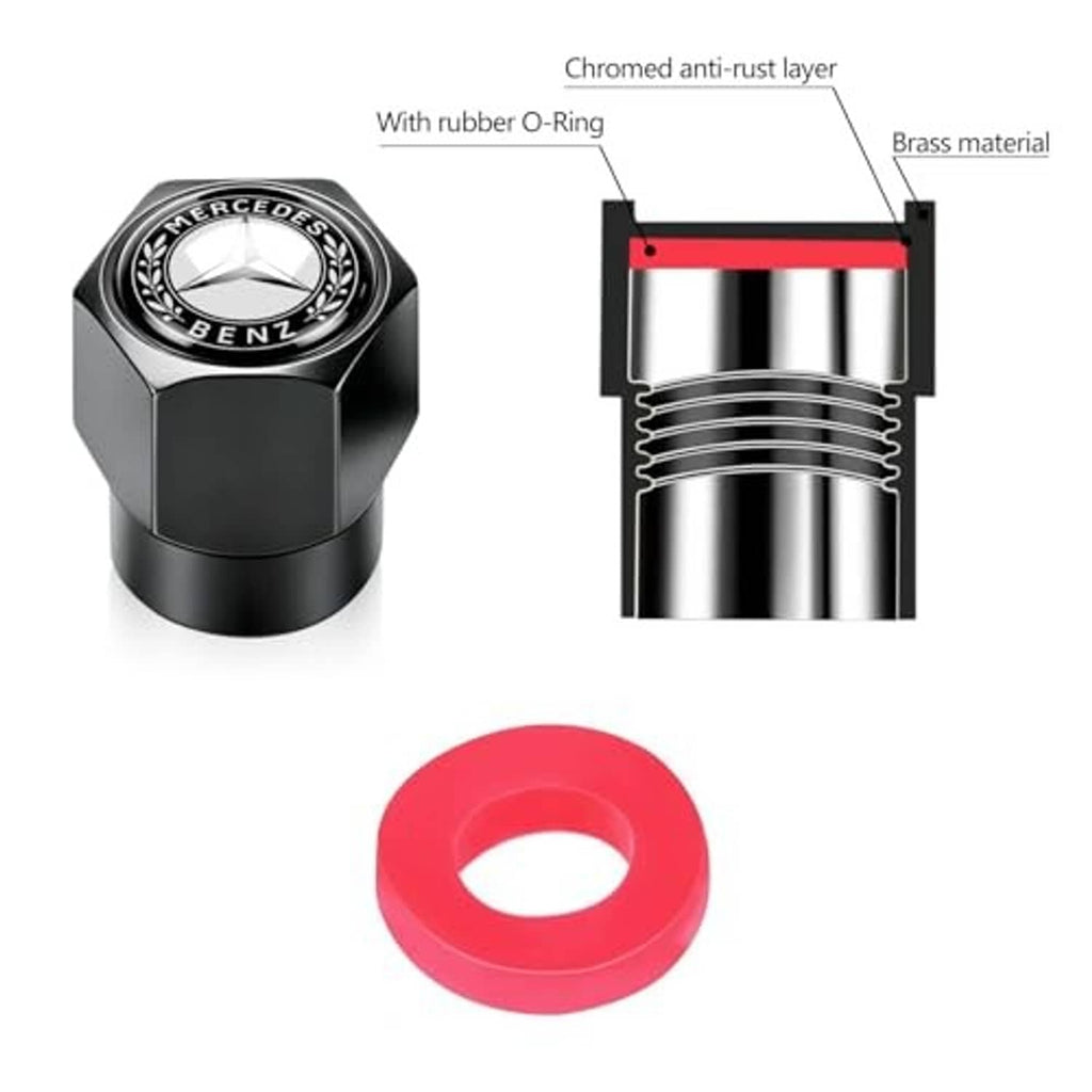 Black Mercedes-Benz logo tire valve stem cap with included rubber O-ring gasket