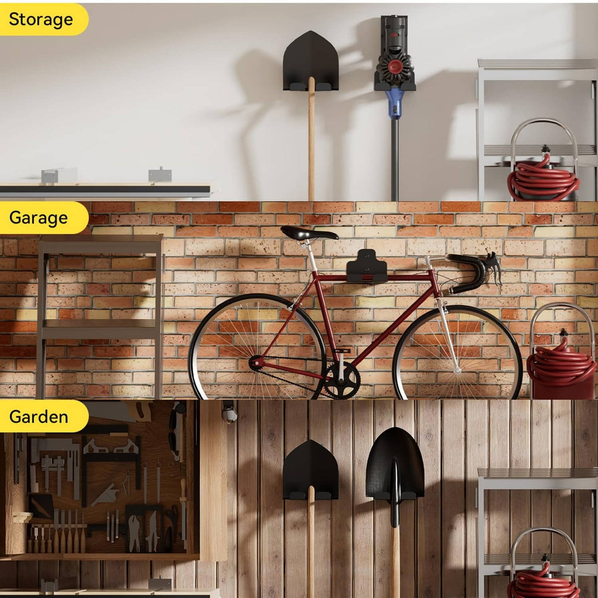 Black trimmer rack bracket mounted for garage and garden tool storage