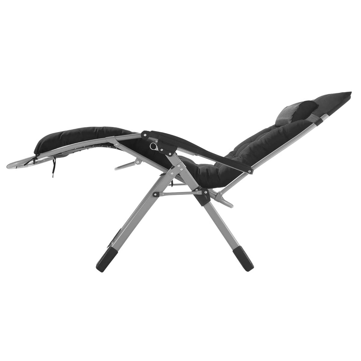 Zero gravity lounge chair, black reclined seat and headrest on silver frame