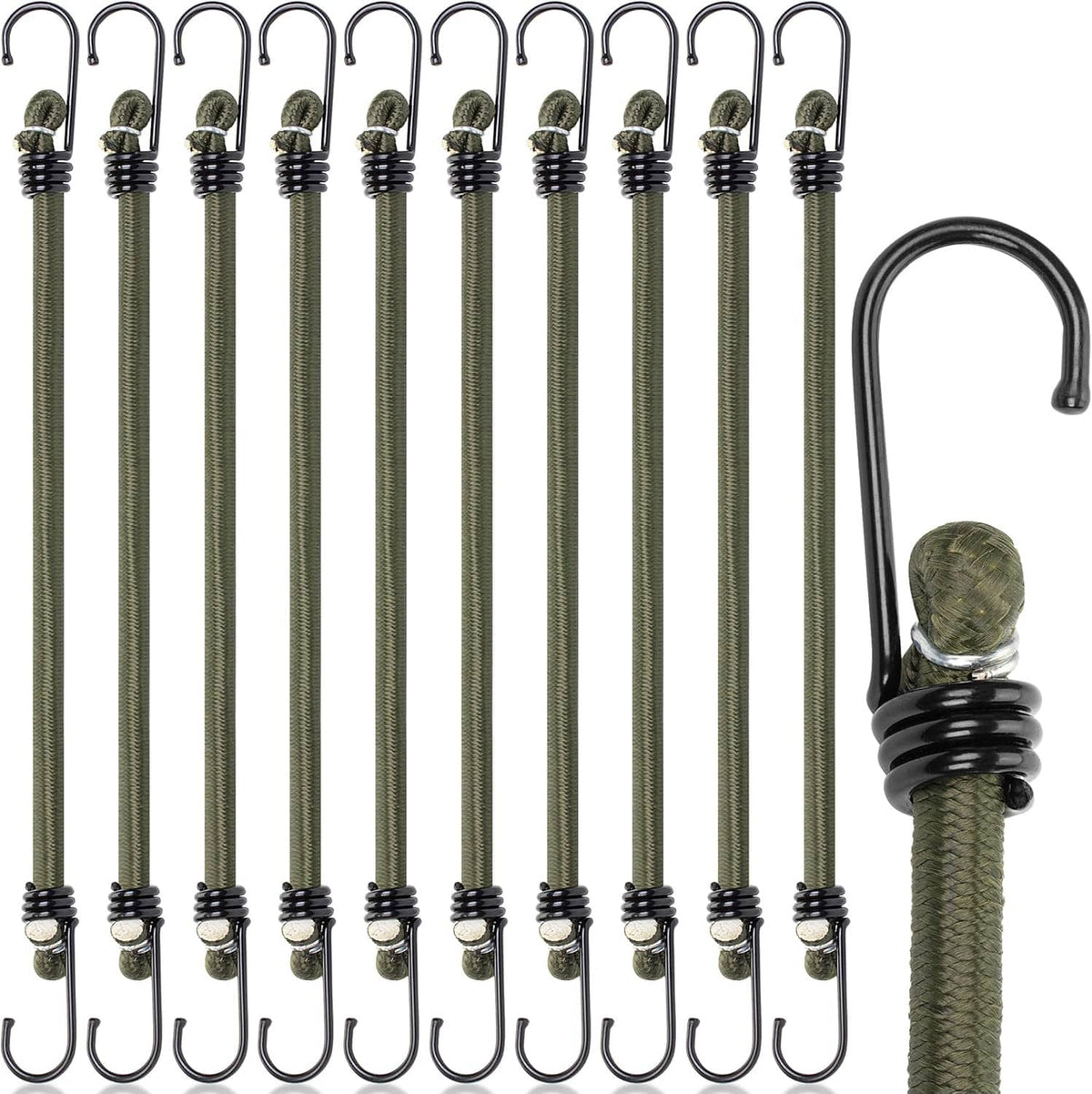 Set of 10 bungee cords with black hooks, olive straps, coiled rubber ends