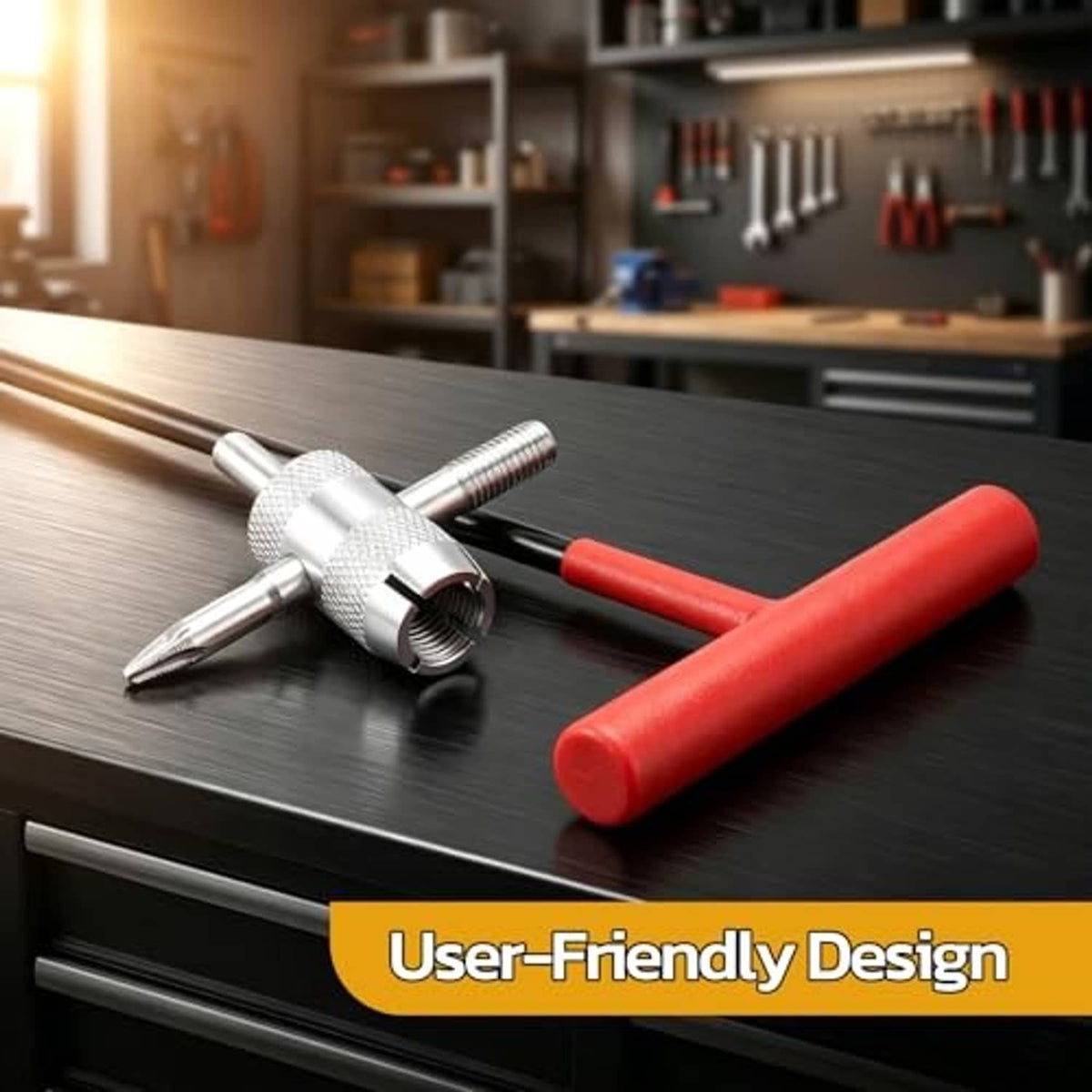 Tire valve core removal tool with red grip and silver applicator on workbench