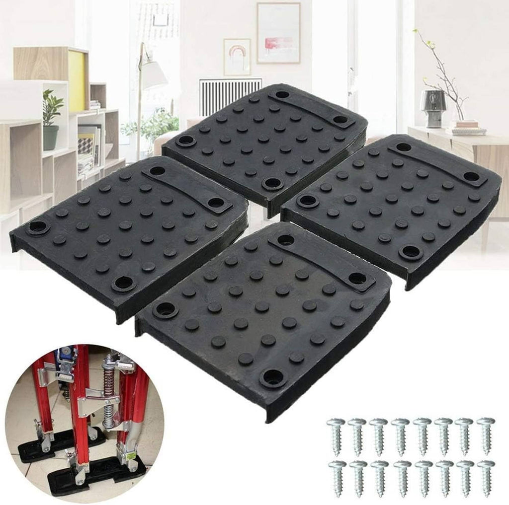 Four black anti-slip rubber pads with raised dot tread and mounting holes for stilt feet