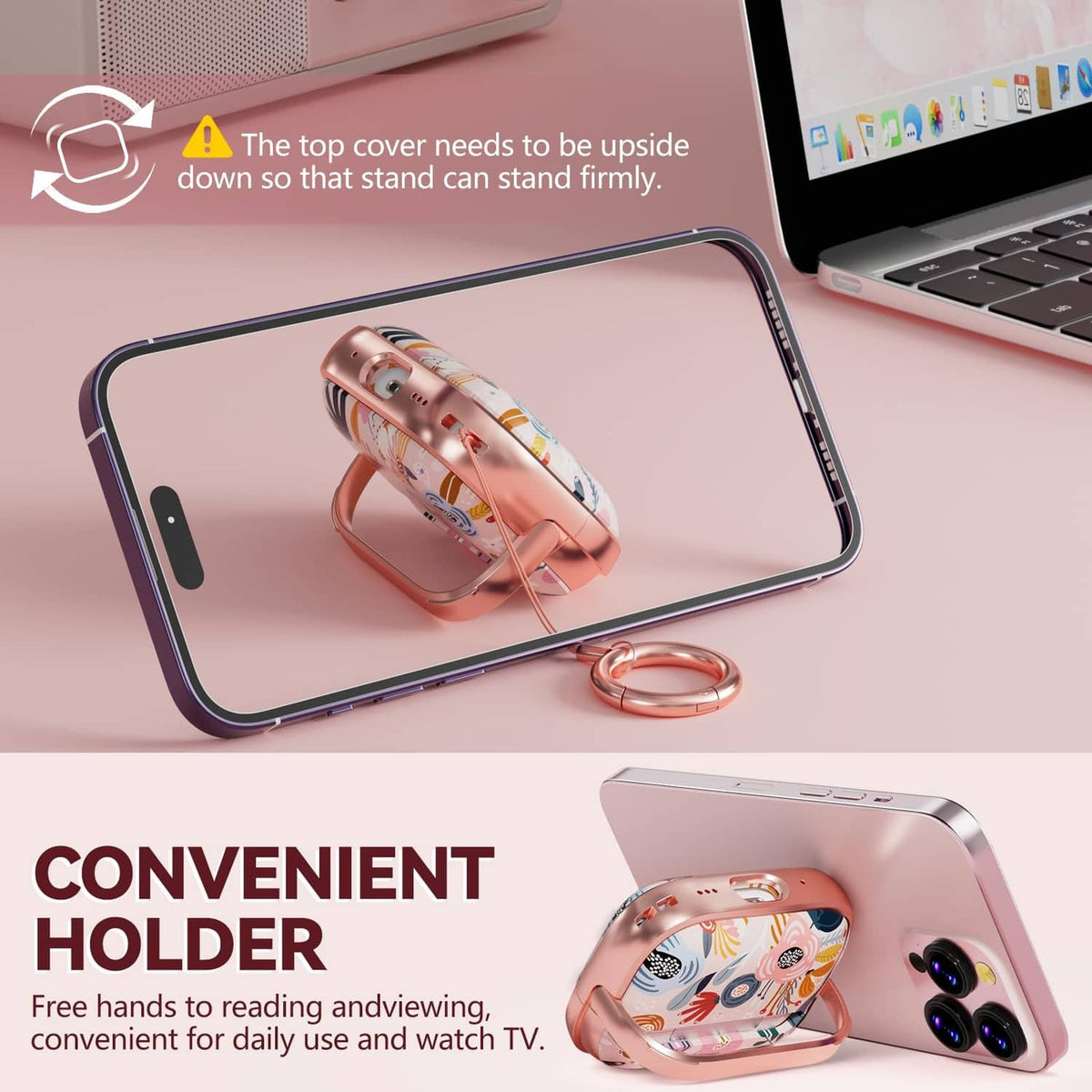 Inesore AirPods case with rose-gold key ring and pink floral design on clear cover