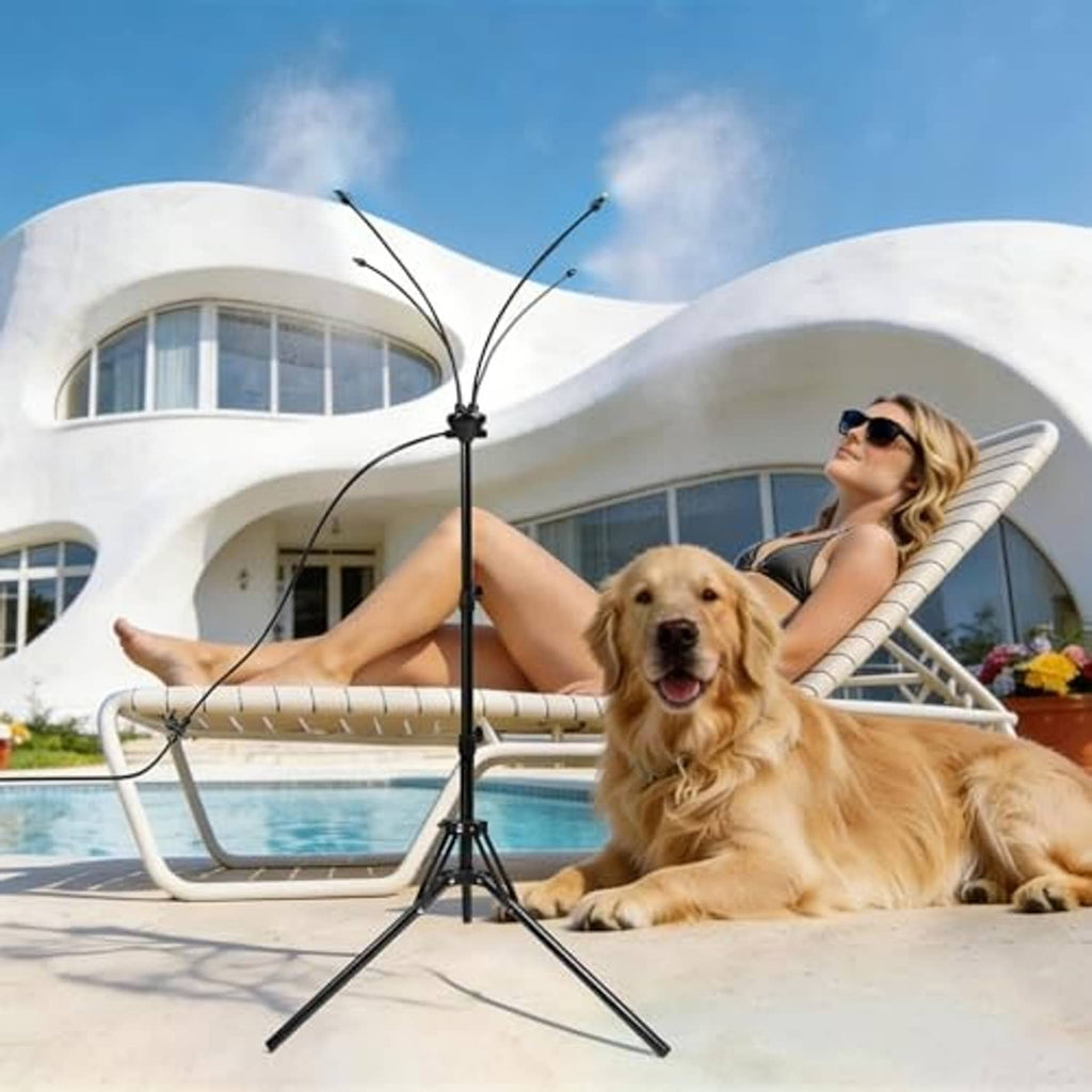Outdoor patio misting stand with tripod legs and adjustable spray nozzles on pole