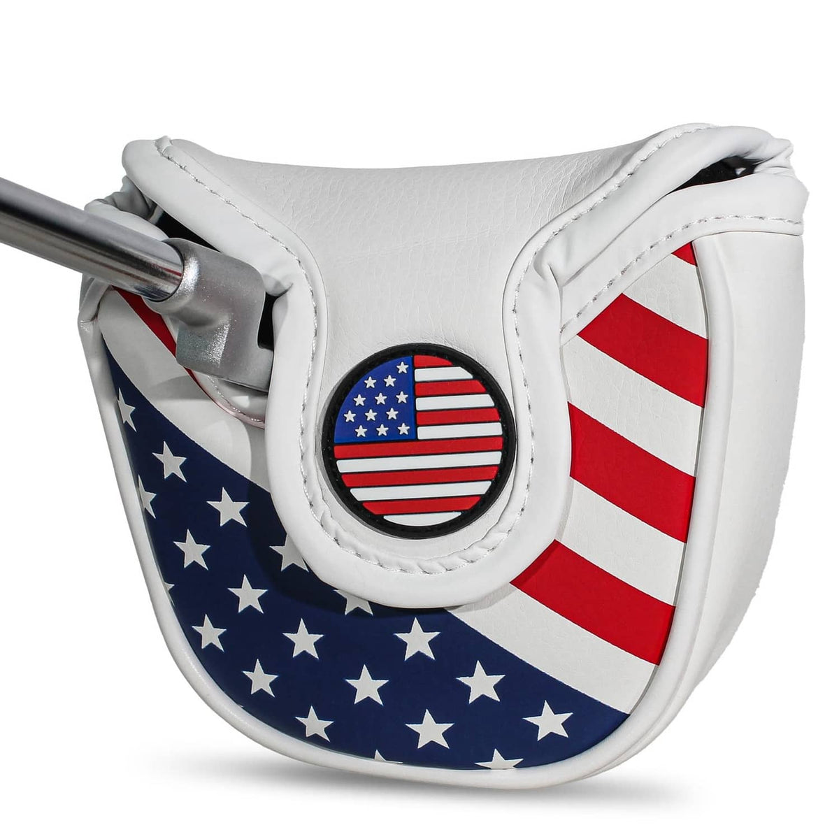 White mallet golf putter head cover with circular emblem, U.S. flag side design, stitched edges