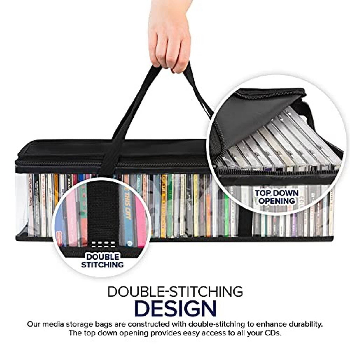 Clear PVC CD storage bag with black top and top-down opening for easy access