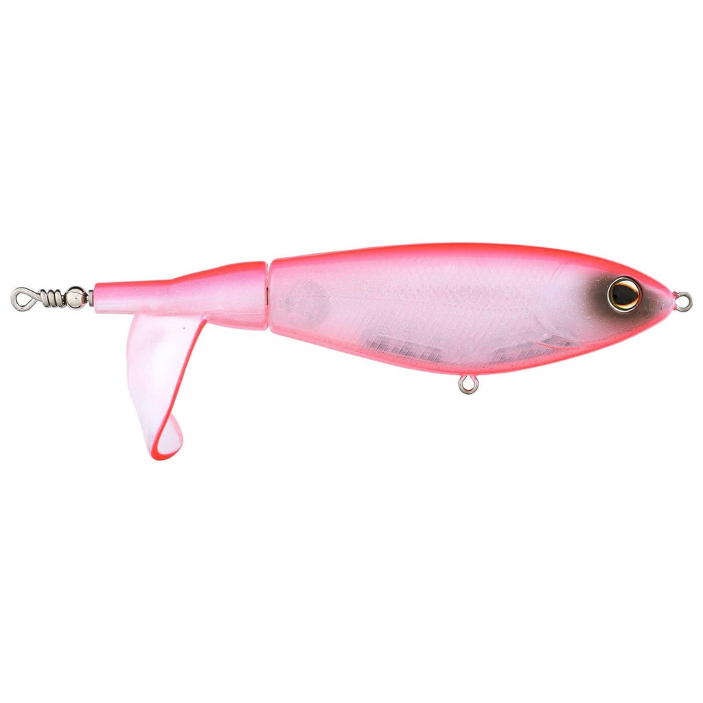 Pink topwater fishing lure with treble hooks and split ring