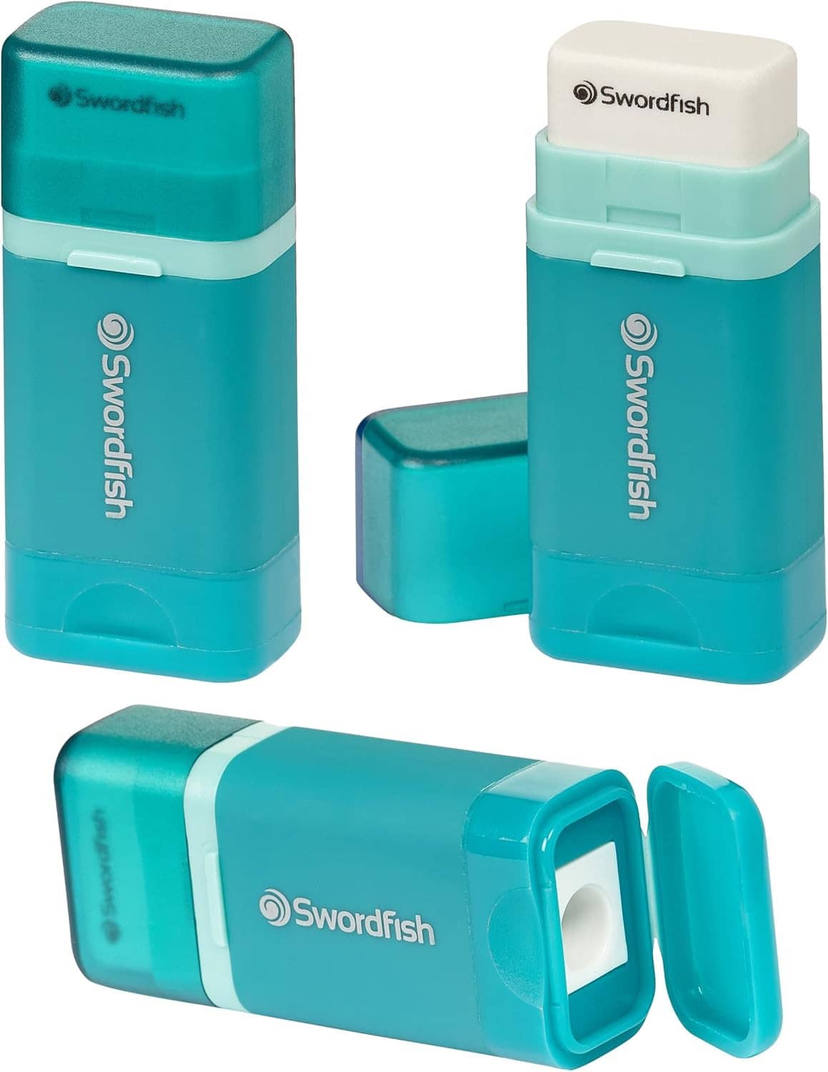 Turquoise Swordfish combo pencil sharpener shown from front, side, and open canister