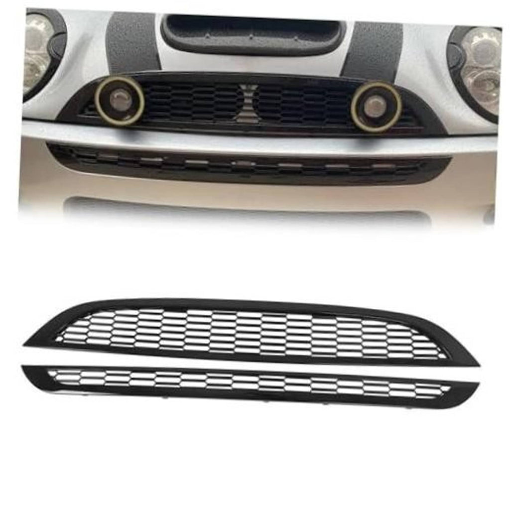 Pair of black honeycomb mesh front grille inserts with center emblem openings
