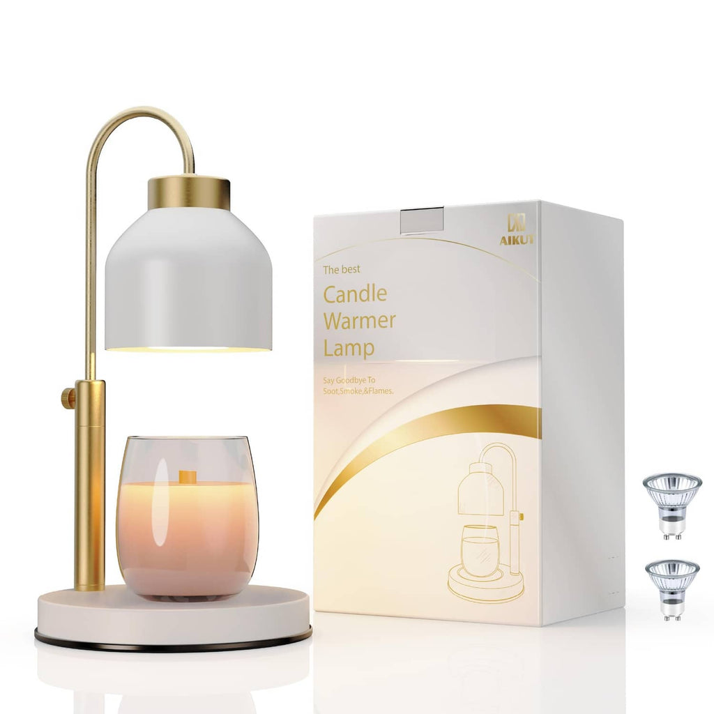 White and gold candle warmer lamp on base with glass shade and arched handle