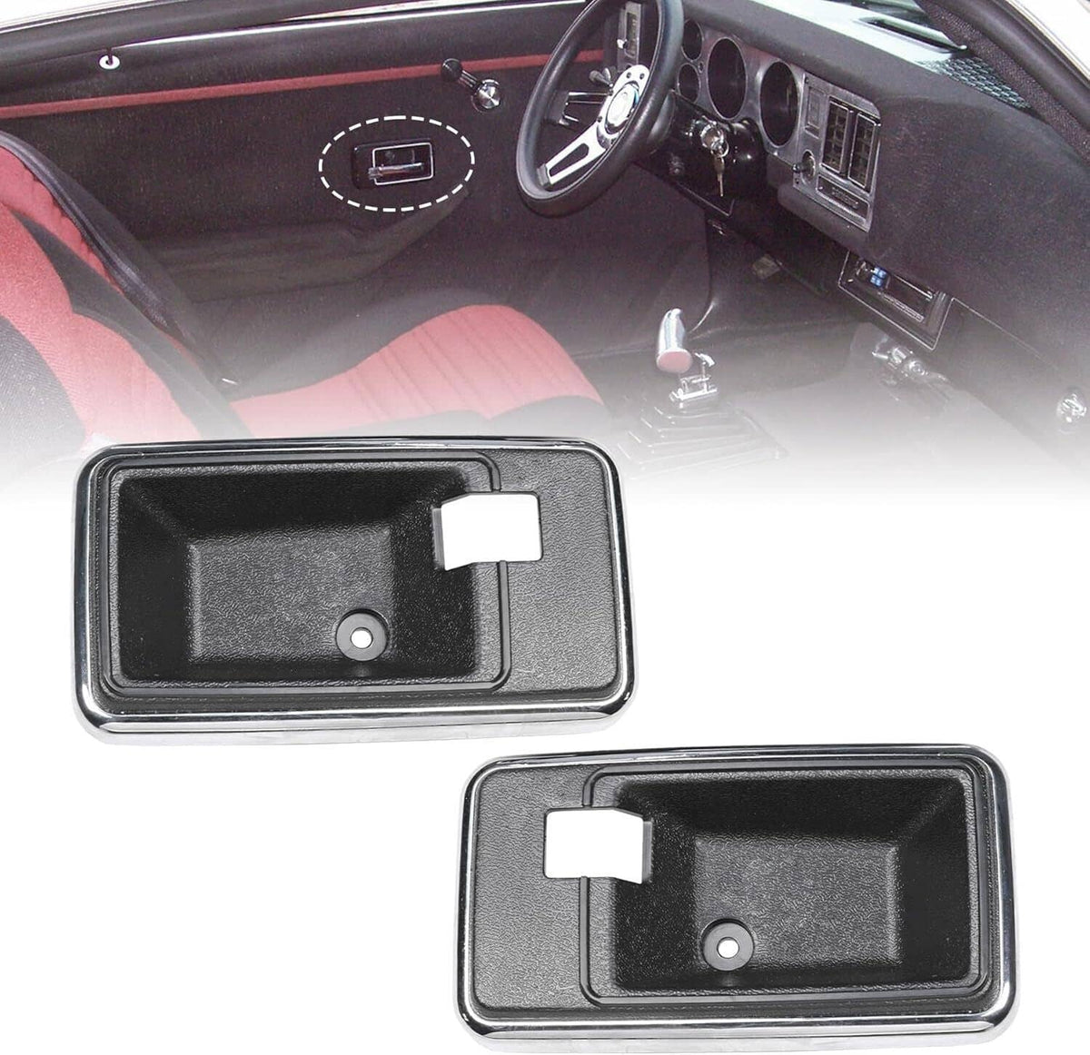 Interior door handle bezel cup set close-up, two black cups with chrome edges