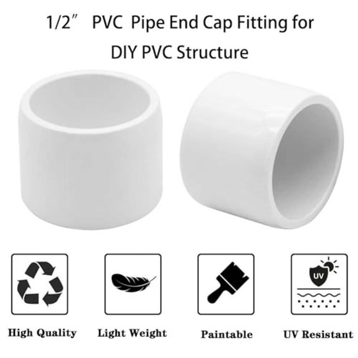 White 1/2 in PVC pipe end cap fitting for DIY structures, front and side views