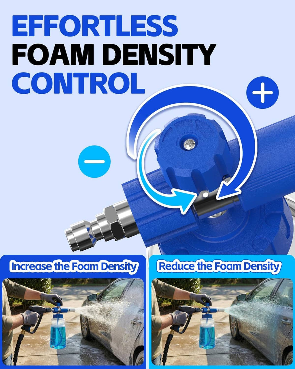 Blue foam density control knob on a pressure washer foam cannon spray head