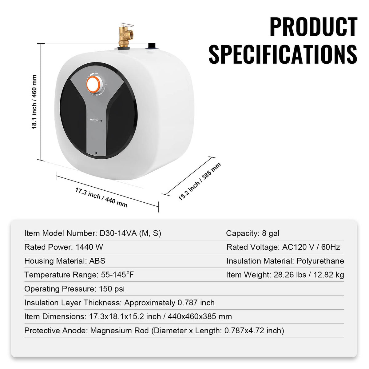 Compact electric mini tank water heater with orange dial and top brass plumbing outlet