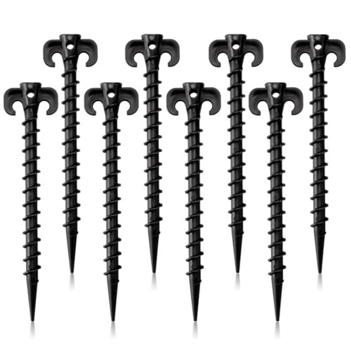 Black plastic tent stakes, C-hook heads, sharp points, arranged in a row